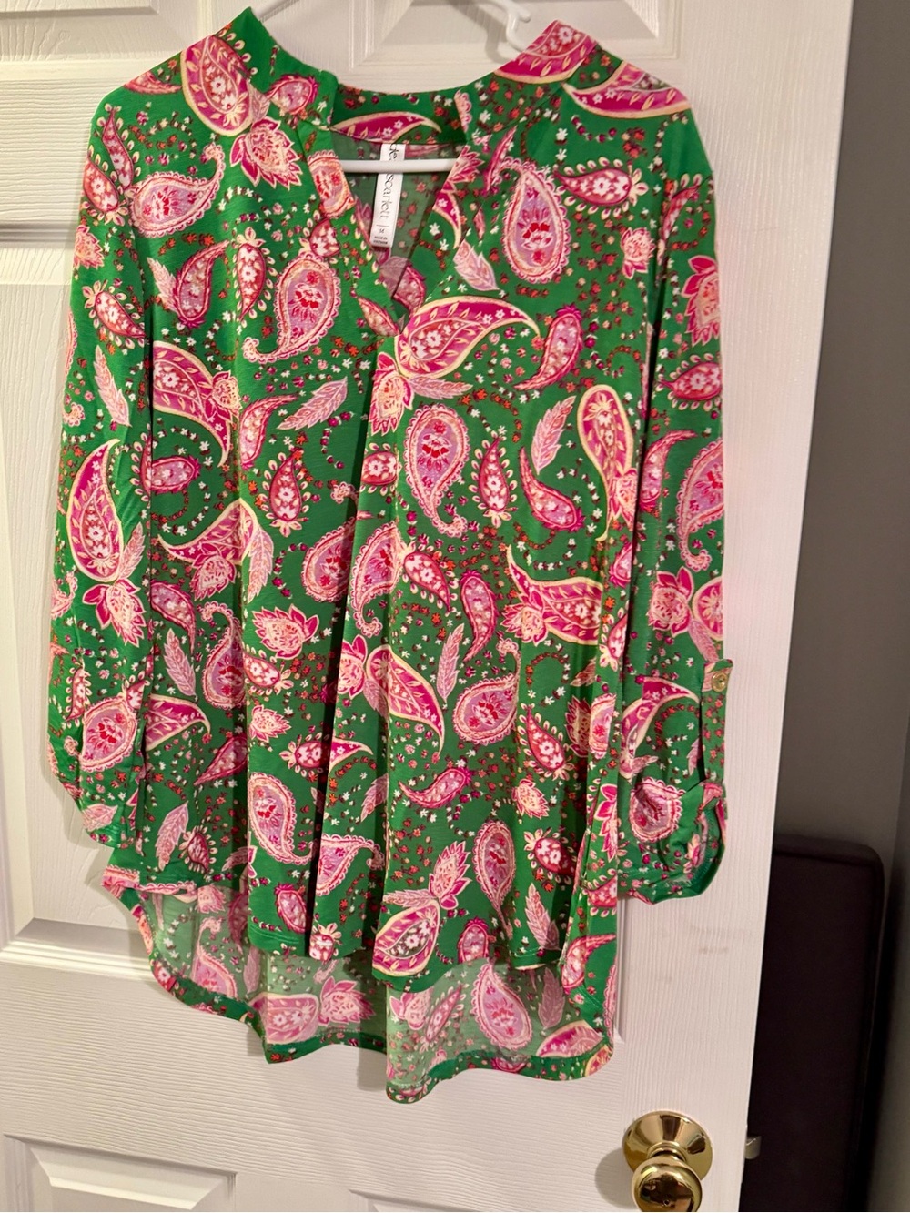 Dear Scarlett Green Paisley 3/4 Length-Sleeve Top with Pink Accents